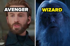 Captain America is on the left labeled, "Avenger" with Dumbledore on the right labeled, "Wizard"