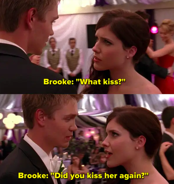 Brooke finds out about Lucas and Peyton&#x27;s kiss during the school shooting