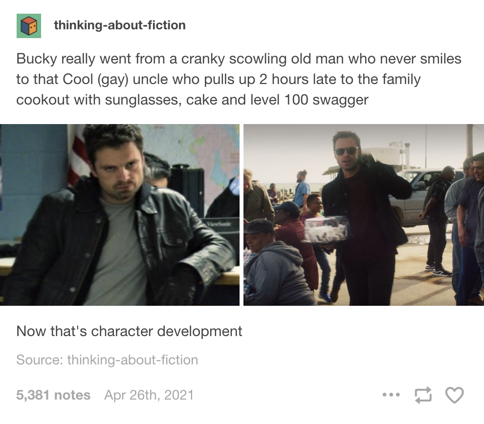 grumpy bucky in episode on and happy cook out bucky in episode 6 with the text "now that's character development"
