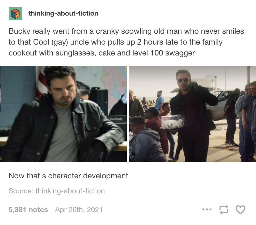 grumpy bucky in episode on and happy cook out bucky in episode 6 with the text &quot;now that&#x27;s character development&quot;