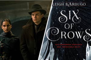 (left) Inej and Kaz look threatening; (right) the book cover of Six of Crows