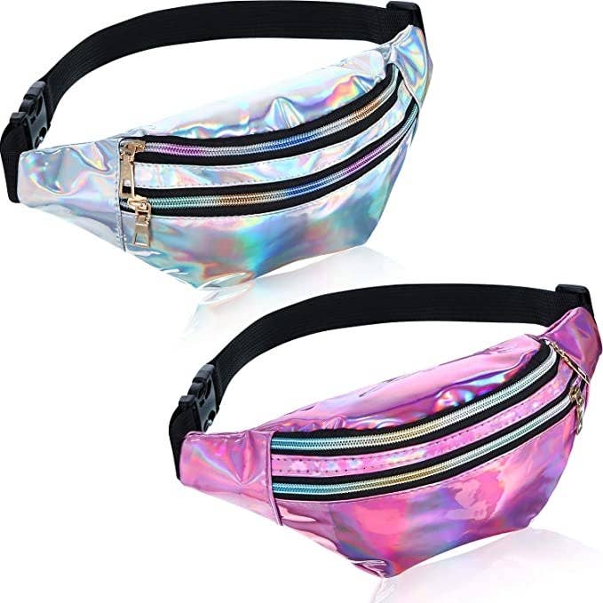 silver holographic fanny pack and then pink holographic fanny pack