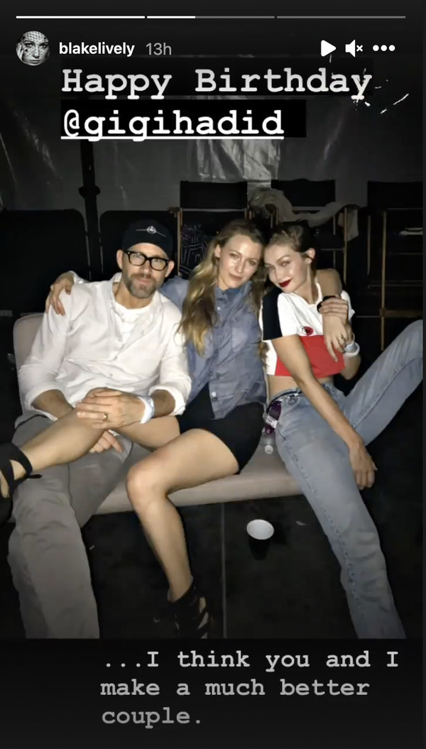 The photo that Blake Lively posted of her, Ryan Reynolds, and Gigi Hadid