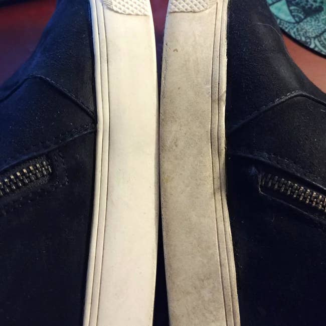 reviewer image of two shoes side by side; one has a white sole and the other a dirty, grey sole