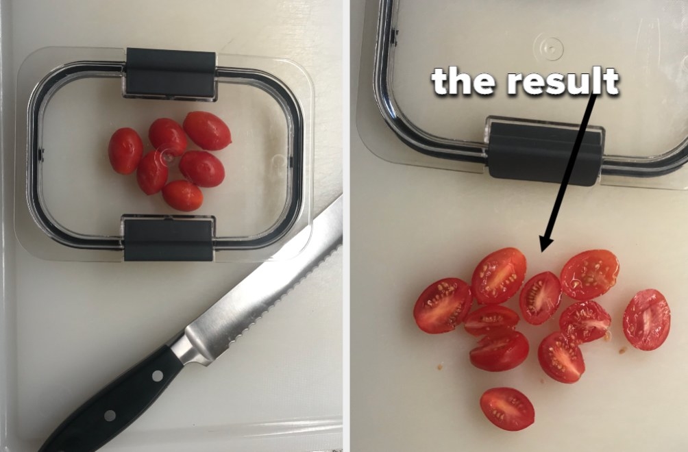 Cutting board with cherry tomatoes, a Tupperware top, and a knife