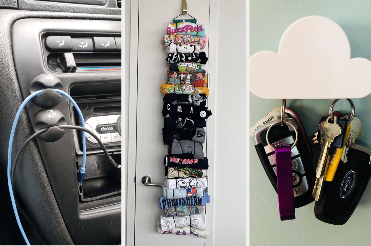 three panels showing cable clips mounted on a car dash, a vertical T-shirt roll holder, and a cloud-shaped magnetic key holder 