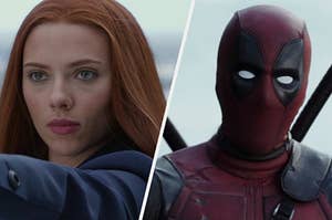 Scarlett Johansson as Natasha Romanoff in the movie "Captain America: The Winter Solider" and Ryan Reynolds as Wade Wilson in the movie "Deadpool."