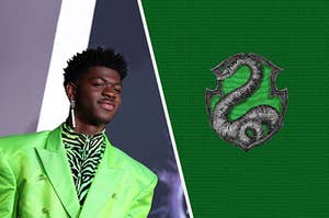 Lil Nas X dressed in Slytherin green next to the slytherin crest