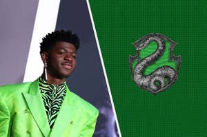 Lil Nas X dressed in Slytherin green next to the slytherin crest