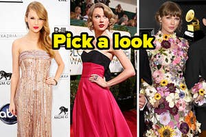 Three Taylor Swift red carpet appearances with text, "Pick a look"