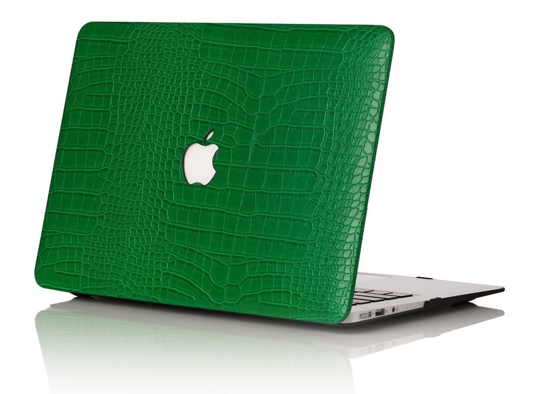 the green faux-croc case on a MacBook