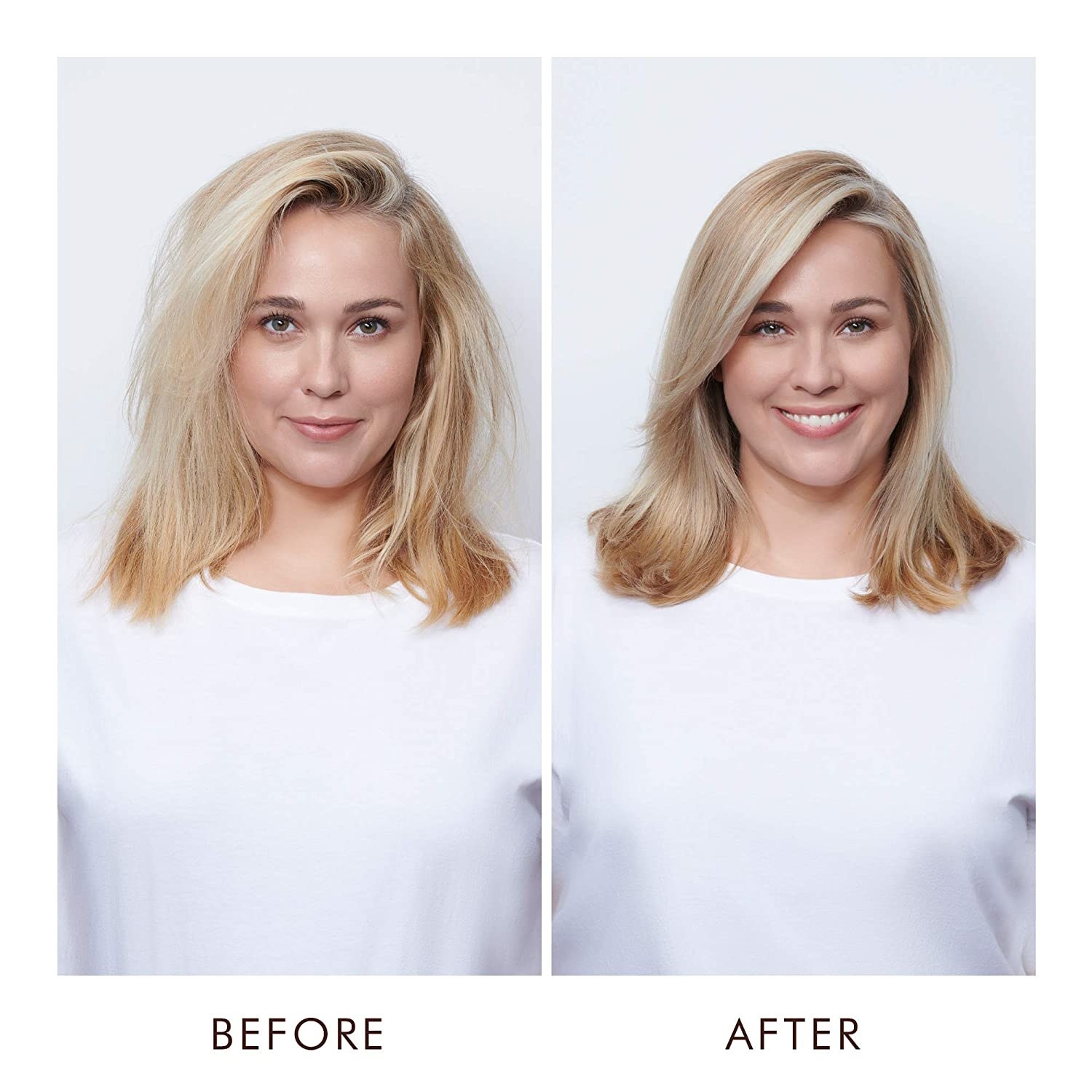 Model before and after using product, before photo shows frizzy hair, after photo shows smooth, tame hair