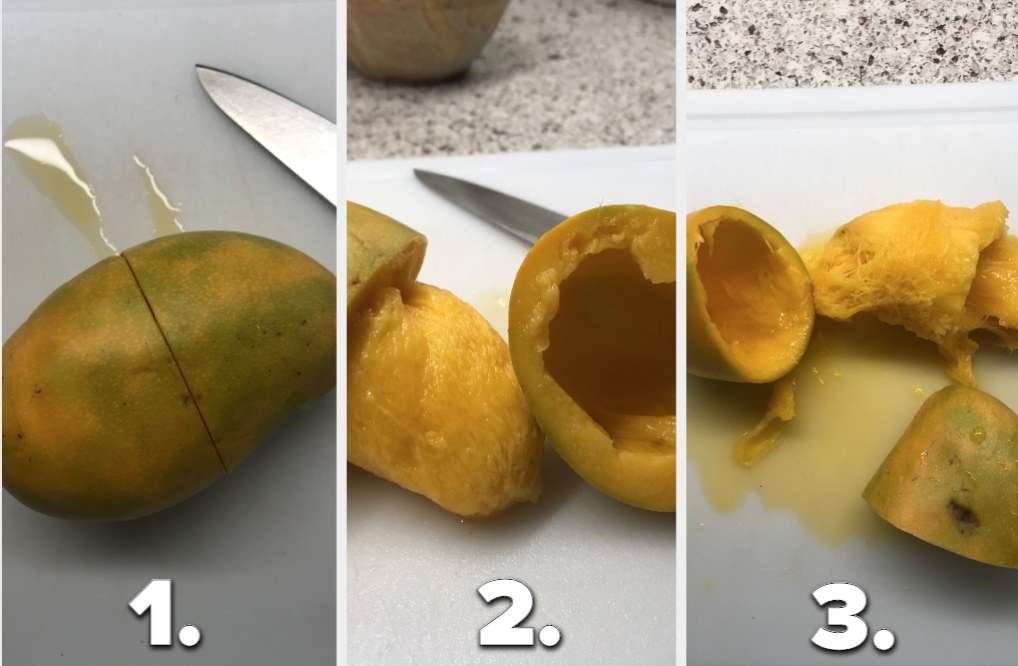 Three phases of a mango being cut