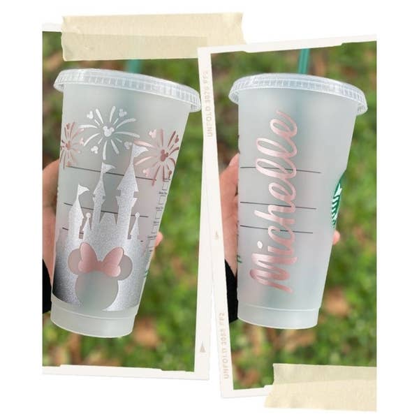 Disney-themed reusable cup customized with your name, Minnie Mouse graphics, and a castle silhouette. 