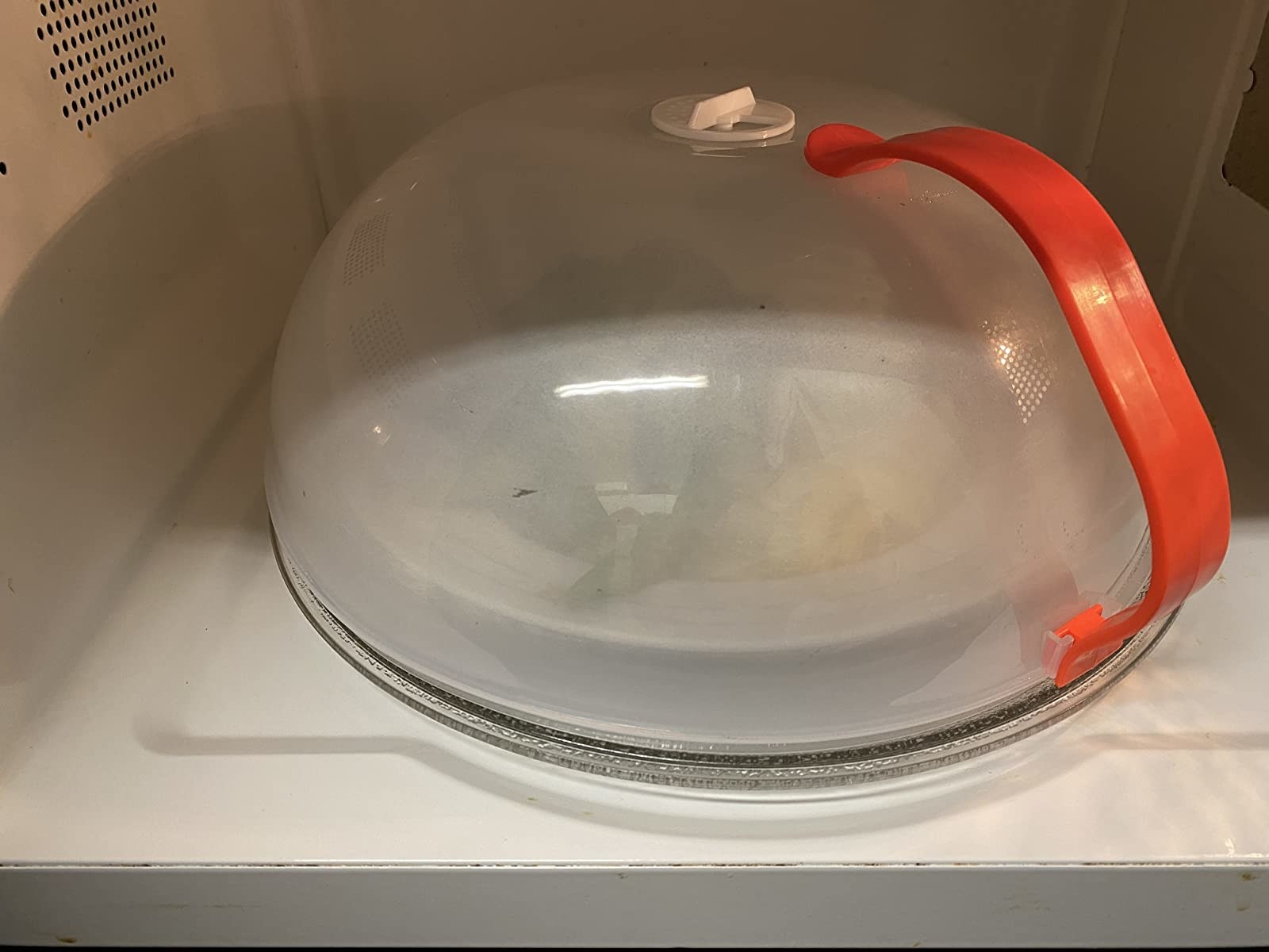 reviewer image of a microwave splatter cover over a plate of food in a microwave