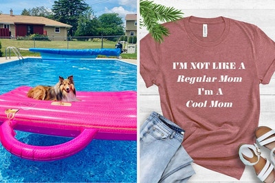 dog on a pink purse-shaped pool float and a tee that says "I'm not like a regular mom I'm a cool mom"
