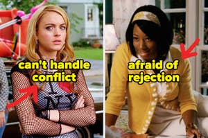 Lola from "Confessions of a Teenage Drama Queen" captioned "can't handle conflict" next to Taylor from "High School Musical" captioned "afraid of rejection"