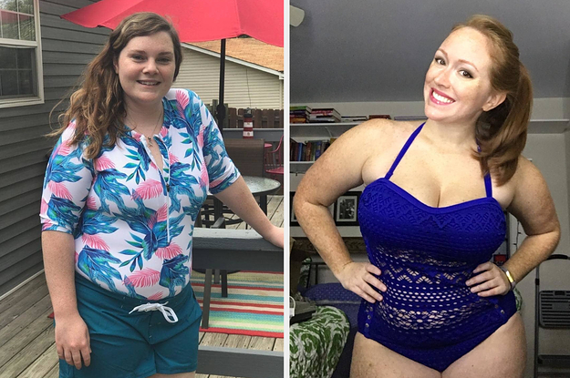 reviewer in a floral rash guard and reviewer in a crochet blue one-piece