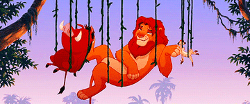 a gif of simba, pumbaa, and timon hanging in vines