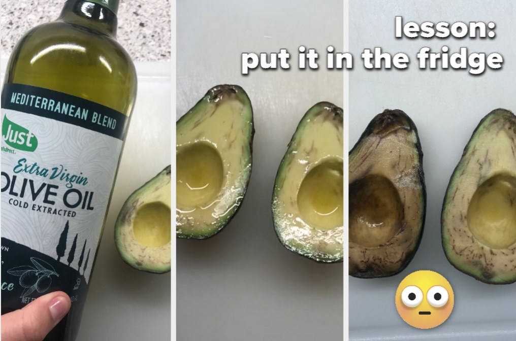 Avocados getting doused in olive oil