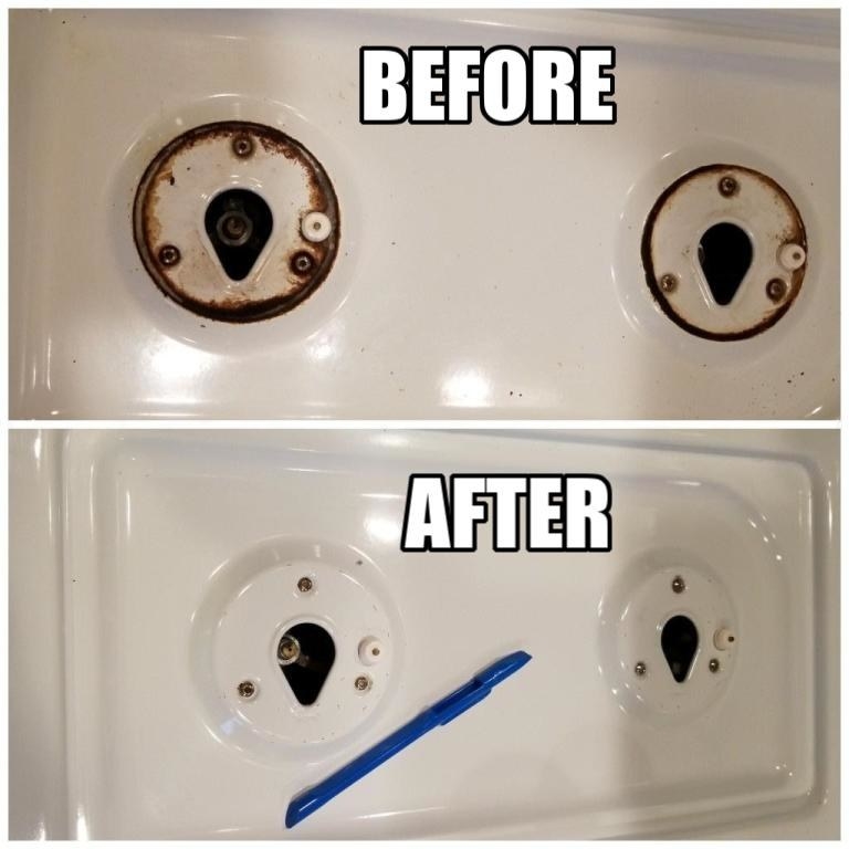 A before and after of the scraper tool showing how effective it is at removing almost all the rust from a stove