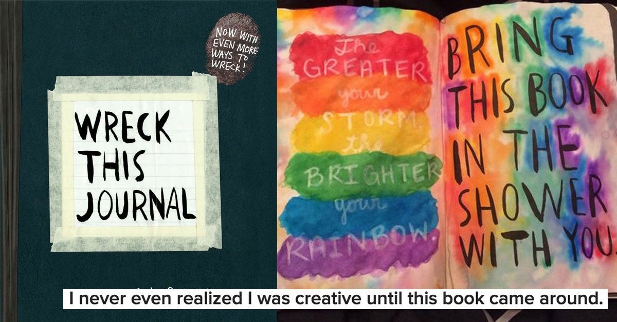 The cover of the journal, a snippet of the review below, and a reviewer&#x27;s inside page showing that it suggests to bring the book in the shower with you to let the rainbow colors bleed out over the page