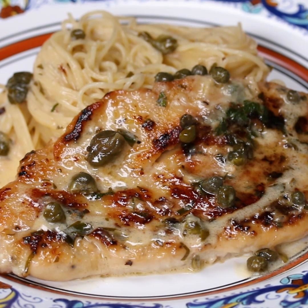 Creamy chicken piccata with capers and pasta.