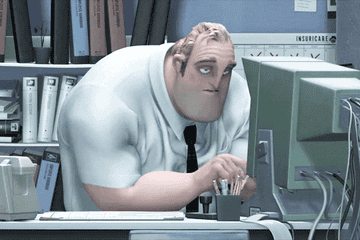 Mr. Incredible looking rough in front of his computer 