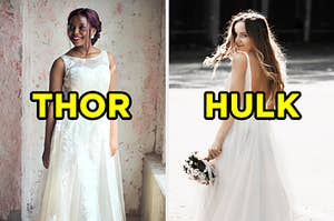 On the left, a bride wears a lacy wedding dress and "Thor" is typed on top of the image, and on the right, a bride wears a flowy wedding dress with a low back with "Hulk" typed on top of the image