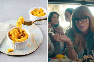 Two bowls of mac and cheese are on the left with Taylor Swift on the right holding some sweets