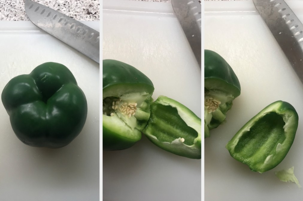 A green bell pepper in various stages of being cut