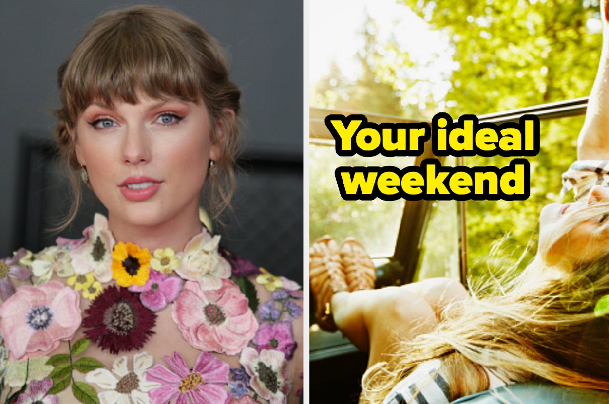 Taylor Swift is on the left posing with a woman in a car labeled, "Your ideal weekend"