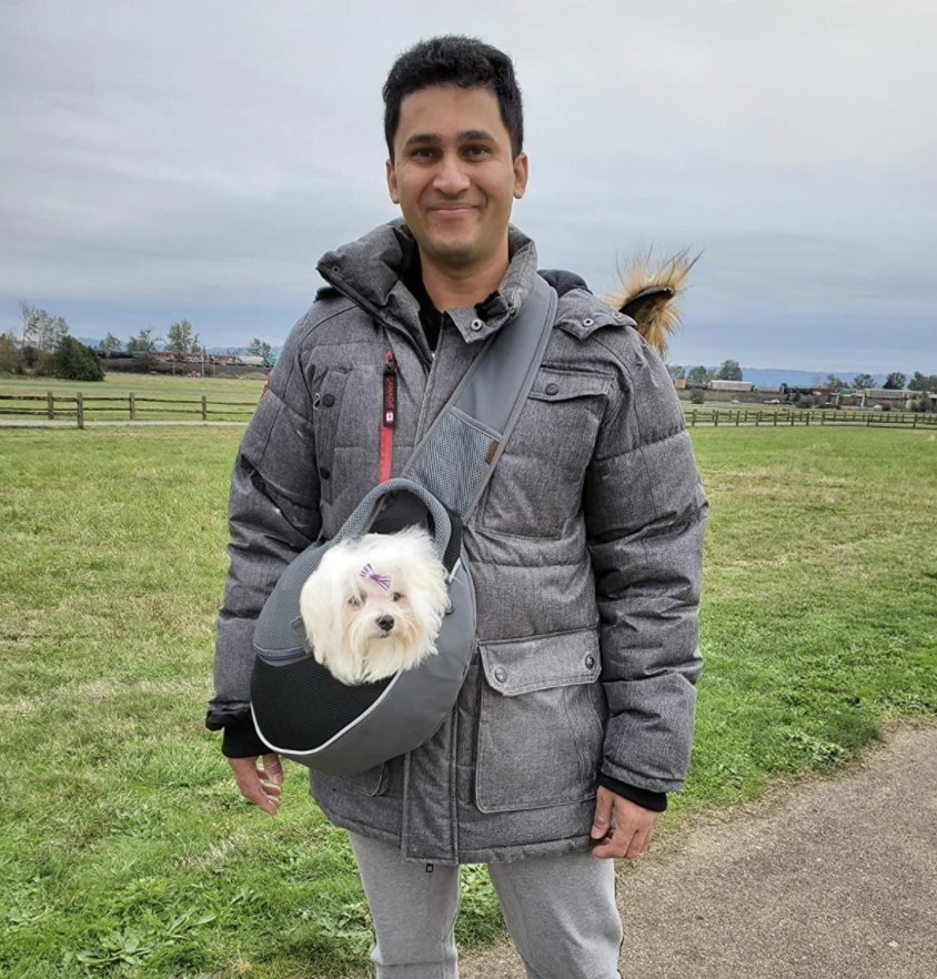 A reviewer with a small dog in a grey crossbody sling