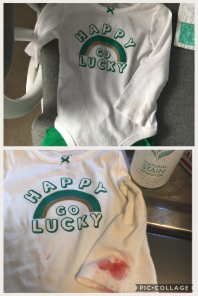 Reviewer&#x27;s image of a baby onesie with a stain on the sleeve -- before and after using the product