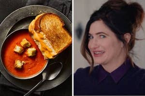 Tomato soup, grilled cheese, and kathryn hahn looking confused