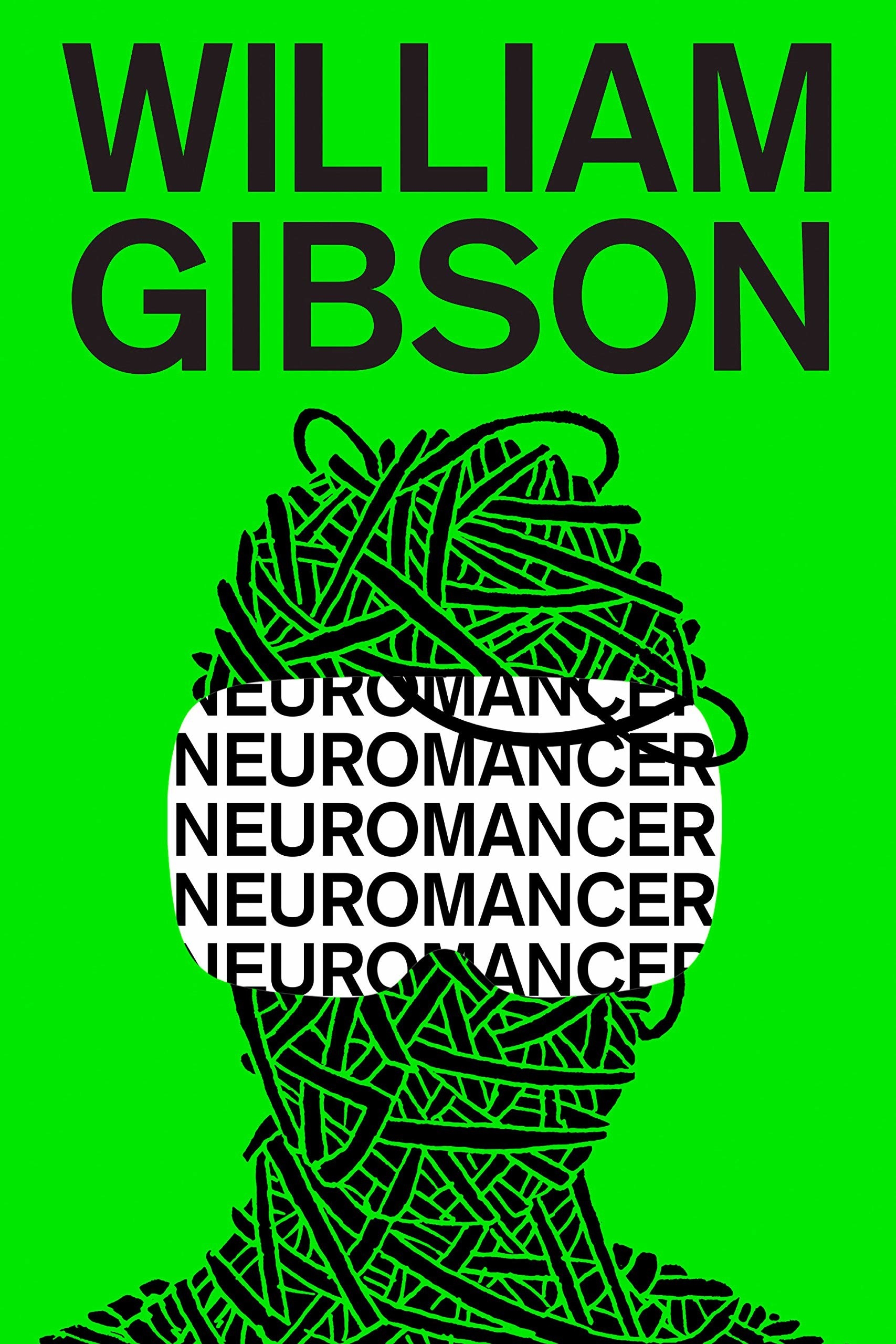 the cover of the book which is an illustration of wires that make up the shape of a head and a cutout of goggles with the word necromancer