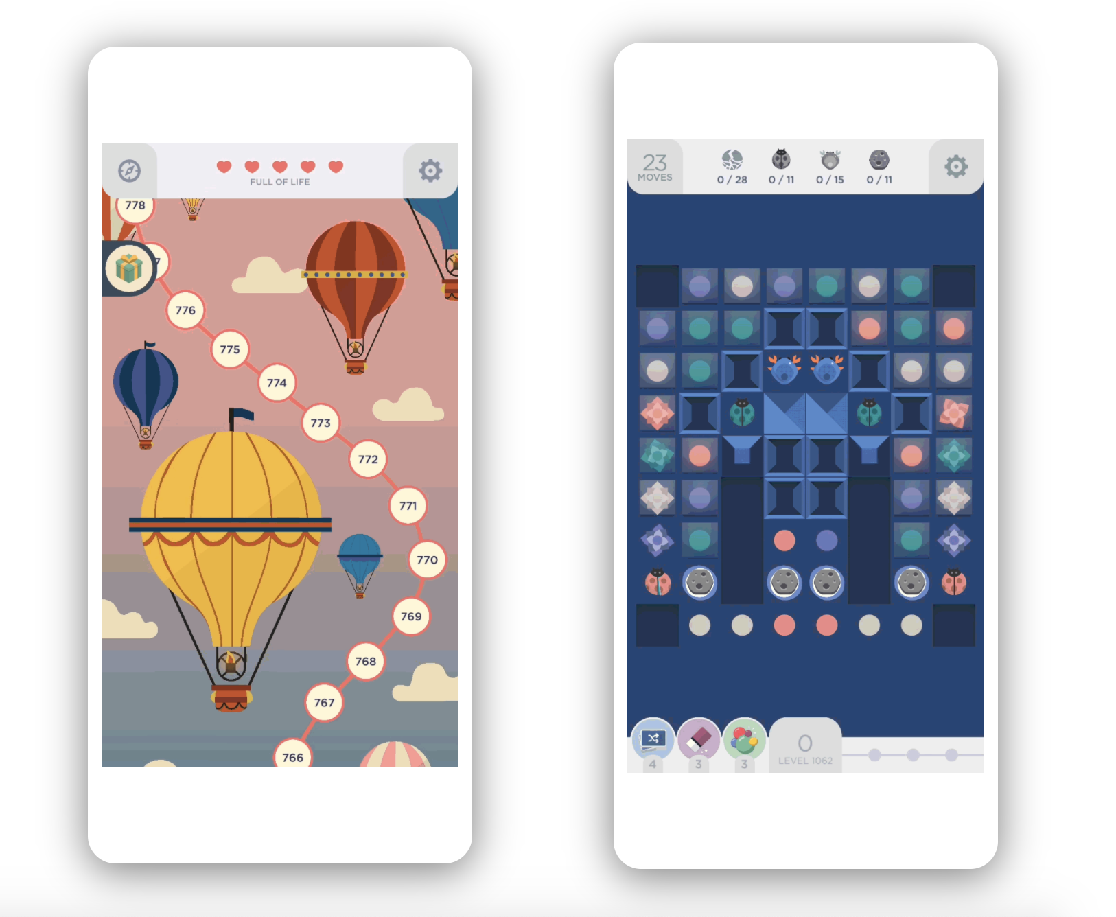 Two screenshots of the game: one of the path of levels with hot air balloon animation, theo ther showing a level with ladybug dots, crabs, and colorful dots