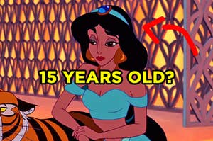 Jasmine from "Aladdin" raising an eyebrow with an arrow pointing to her and "15 years old?" typed under her face