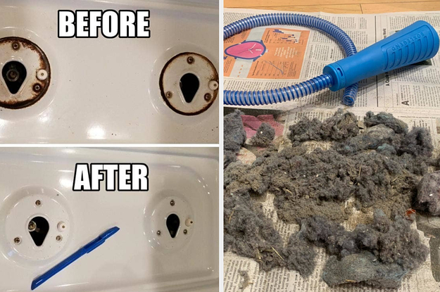 a before and after image of a rusty and clean stone and a blue vacuum hose next to a large pile of dust