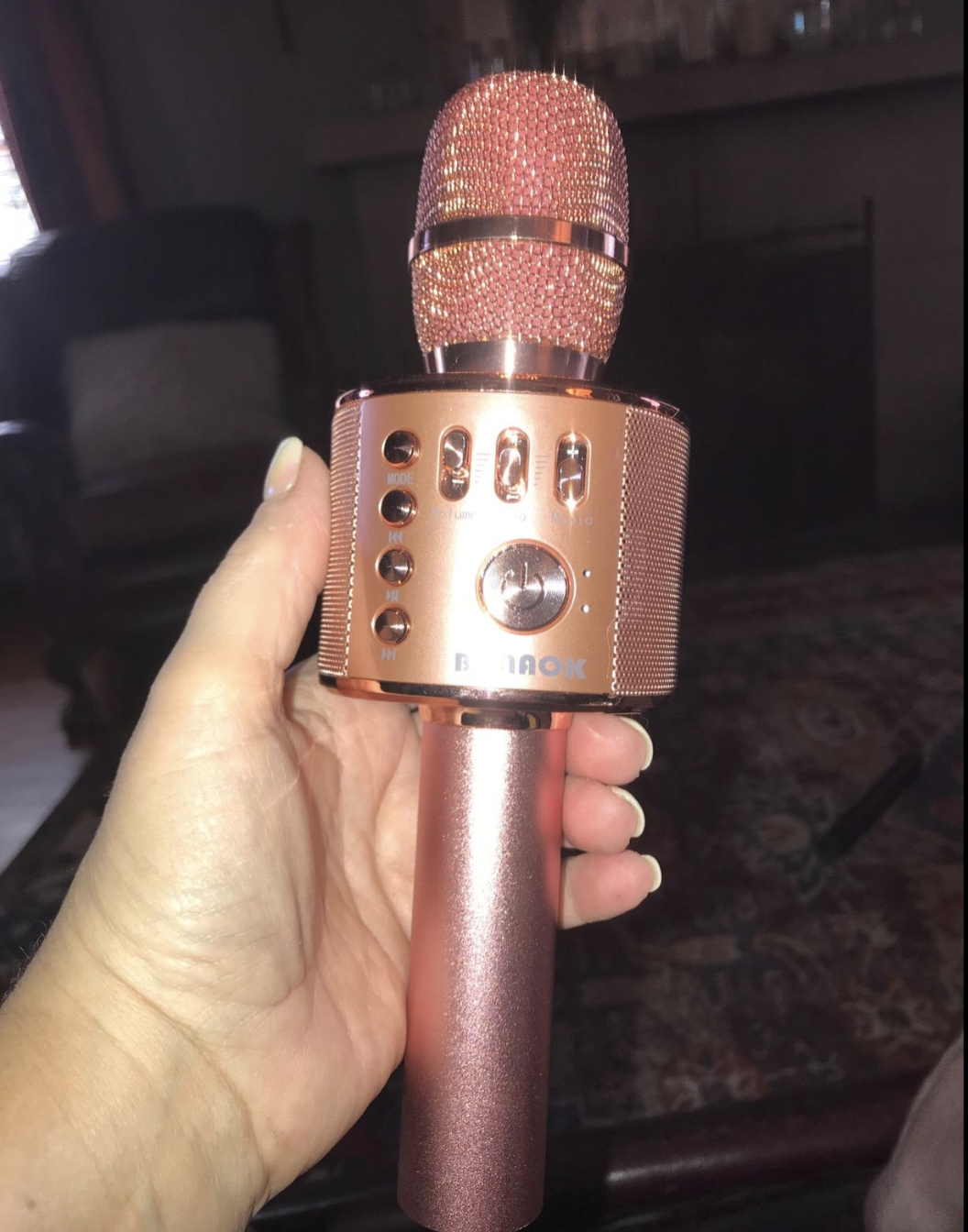 Reviewer holding light pink colored karaoke mic with volume and sound controls 