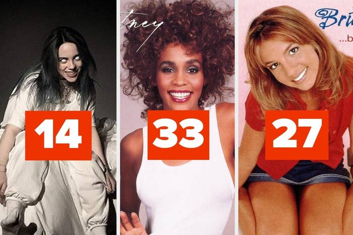 Billie Eilish's album labeled "14," Whitney Houston's album labeled "33," and Britney Spears' album labeled "27"