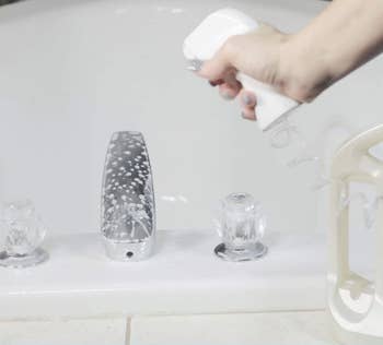 Model spraying Bottle of Wet and Forget Shower cleaner