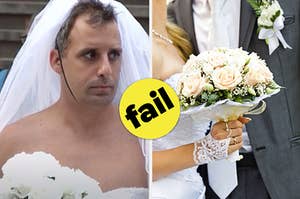 man looking sad in wedding dress and bride holding flowers