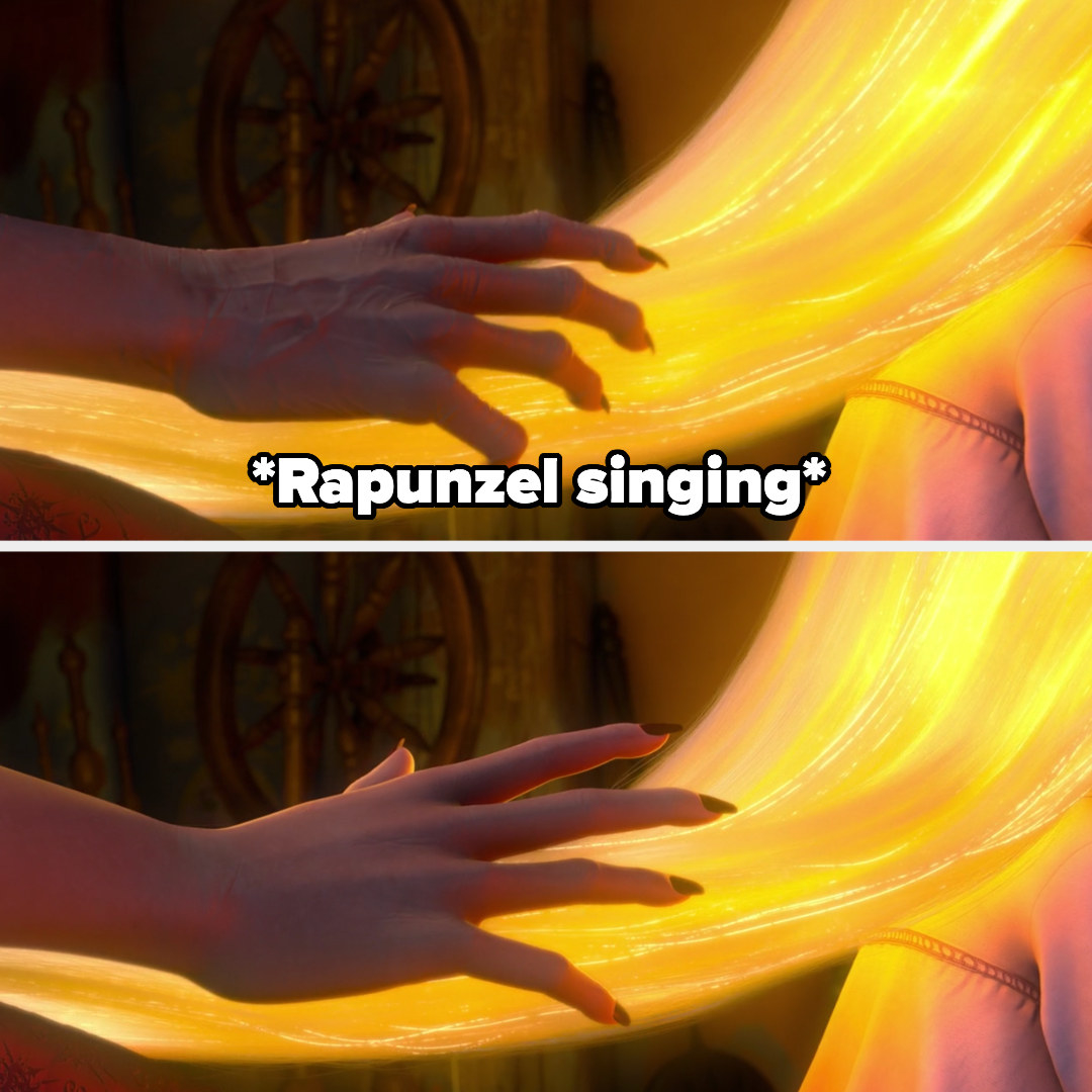 Toddler Rapunzel singing as Gothel&#x27;s hand turns young again