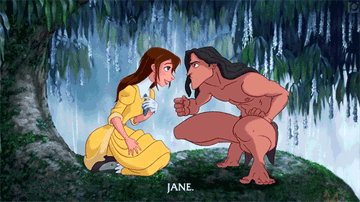 Tarzan touching Jane&#x27;s chin and saying &quot;Jane&quot;