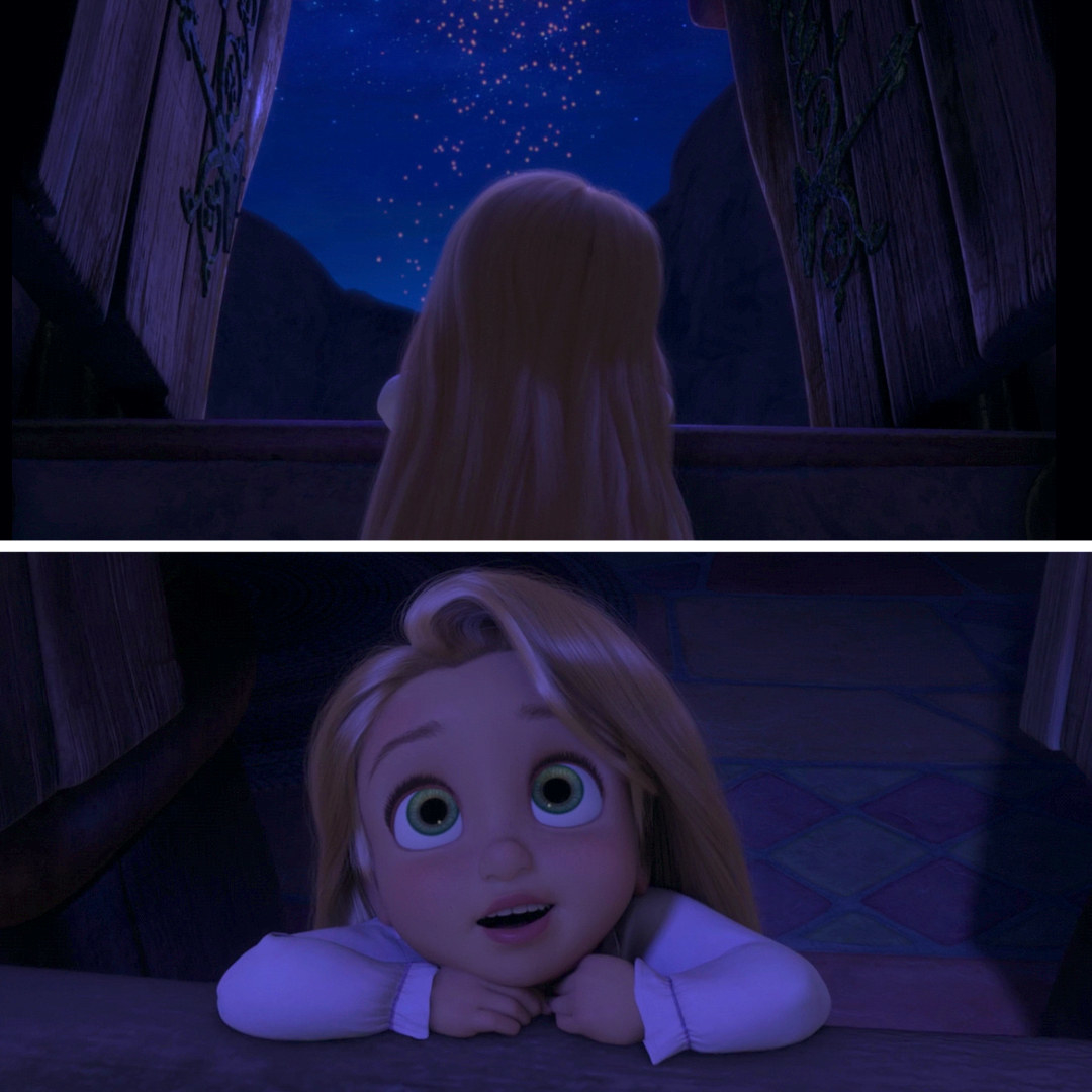 toddler Rapunzel looking at the lanterns in the sky