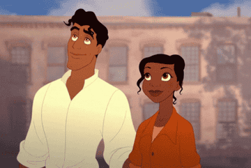 Naveen rolling up his sleeves as Tiana holds a hammer