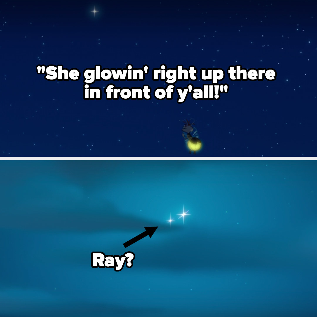 Ray telling everyone Evangeline is glowing above them and pointing to a star, and then later there&#x27;s a star next to Evangeline