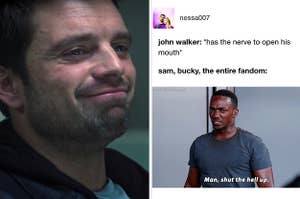 Bucky smiling and a post saying john walker has the nerve to open his mouth, and the fandom reacting "man, shut the hell up"