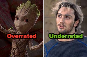 Groot labeled "Overrated" and Quicksilver labeled "Underrated"